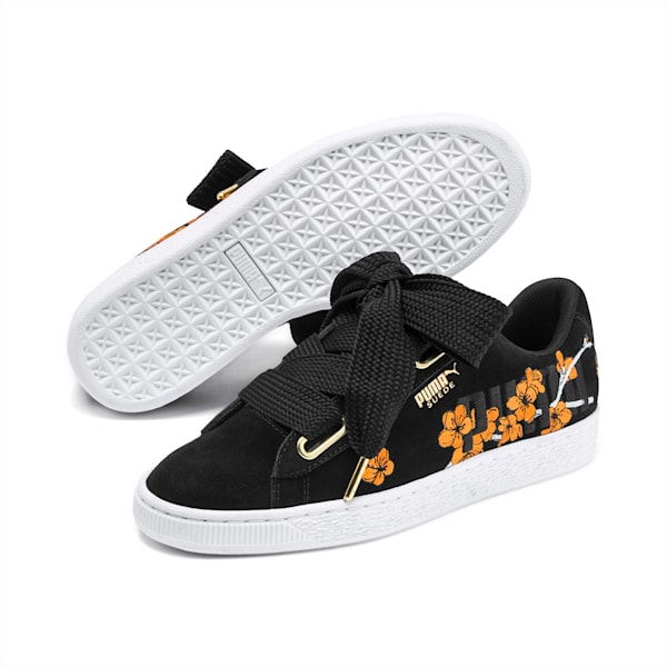 Suede Heart Floral Women's Sneakers, Puma Black-Bright Marigold, extralarge