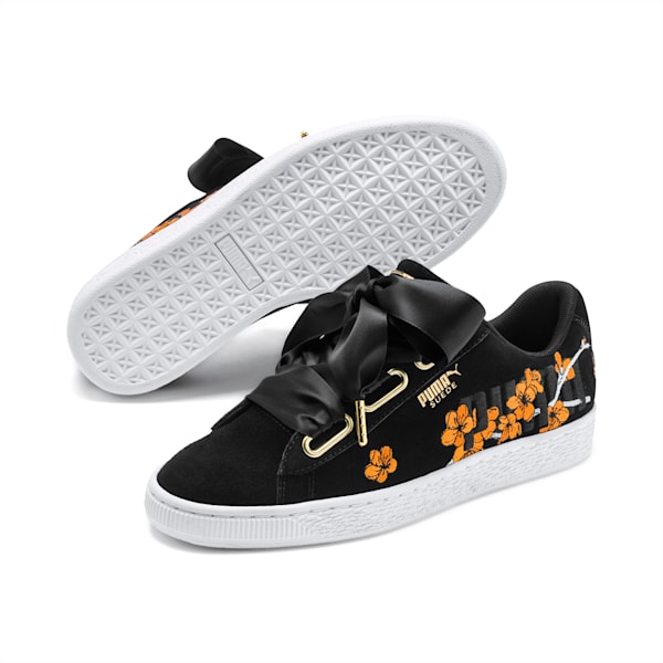 Suede Heart Floral Women's Sneakers, Puma Black-Bright Marigold, extralarge