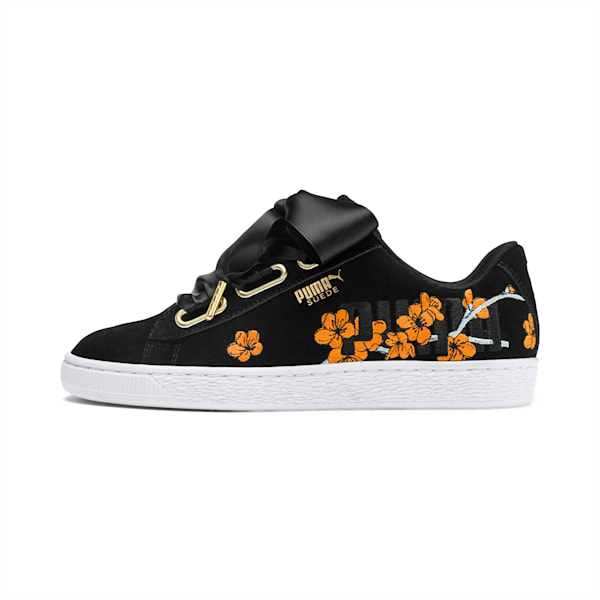 Suede Heart Floral Women's Sneakers, Puma Black-Bright Marigold, extralarge