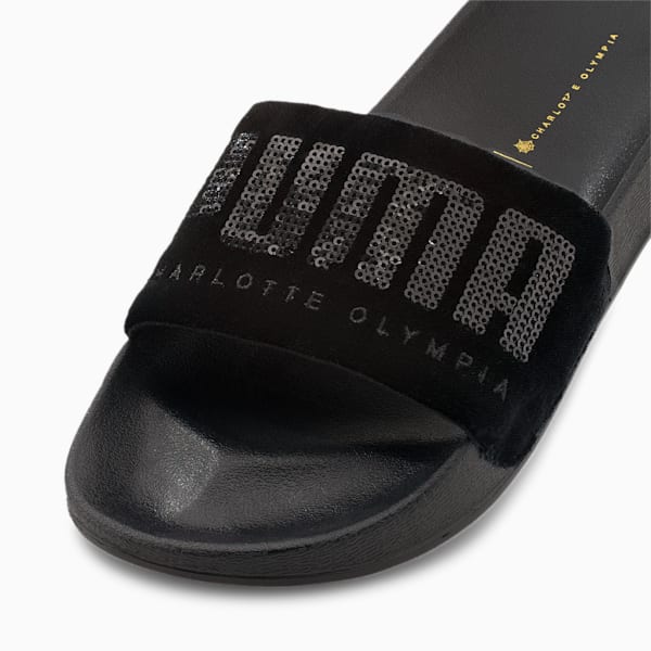 PUMA x CHARLOTTE OLYMPIA Leadcat Women's Slides, Puma Black-Puma Team Gold, extralarge