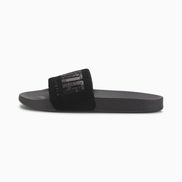 PUMA x CHARLOTTE OLYMPIA Leadcat Women's Slides, Puma Black-Puma Team Gold, extralarge