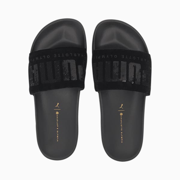 PUMA x CHARLOTTE OLYMPIA Leadcat Women's Slides, Puma Black-Puma Team Gold, extralarge