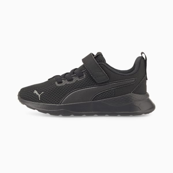 Black PUMA trainer for kids with hook-and-loop strap and mesh upper.