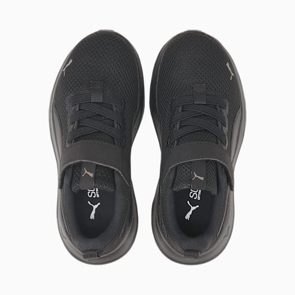 Black PUMA kids' trainers with laces and touch-fastening straps.