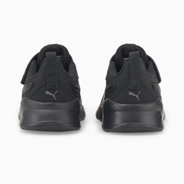Rear view of black PUMA toddler trainer with touch-fastening strap and logo.