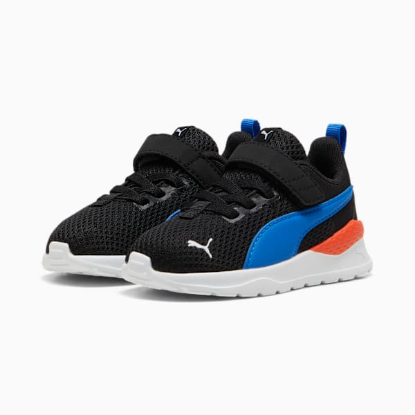 Black PUMA toddler trainers with blue and orange detail, and strap closure.