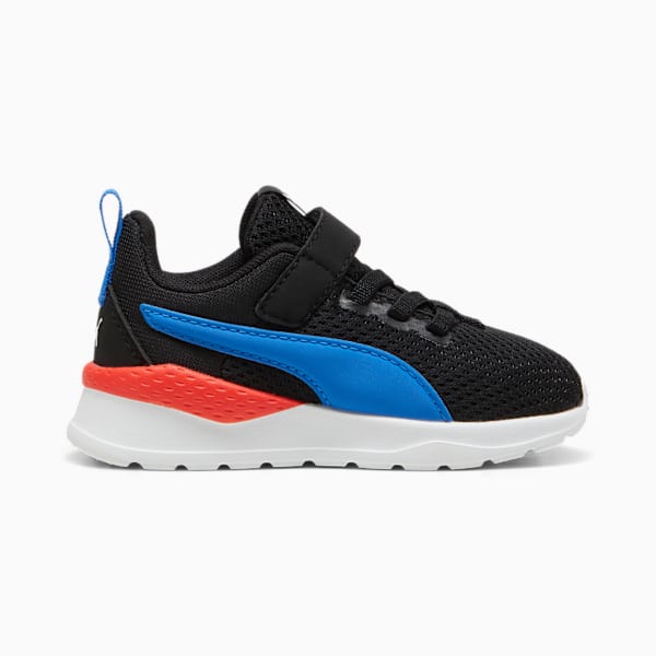 Black PUMA trainer for toddlers, featuring a blue stripe and a fastener.