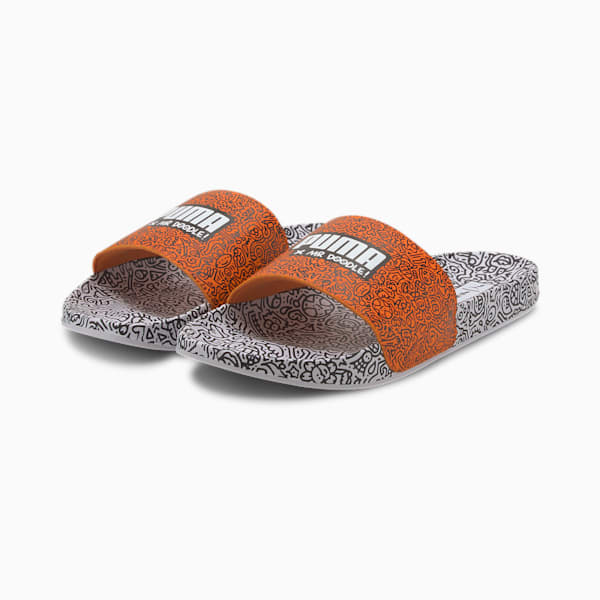 PUMA x MR DOODLE Leadcat 20 Men's Slides, Puma White-Puma Black-Dragon Fire, extralarge