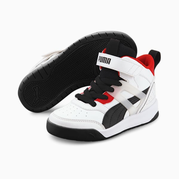 PUMA Backcourt Mid Little Kids' Shoes, Puma White-Puma Black-High Risk Red-Puma Silver, extralarge