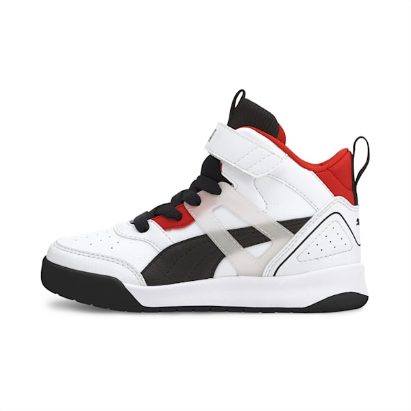 PUMA Backcourt Mid Little Kids' Shoes, Puma White-Puma Black-High Risk Red-Puma Silver, extralarge