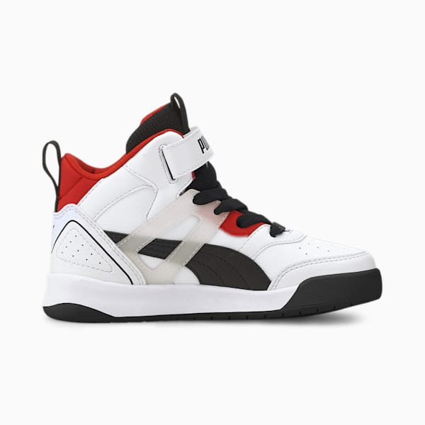 PUMA Backcourt Mid Little Kids' Shoes, Puma White-Puma Black-High Risk Red-Puma Silver, extralarge