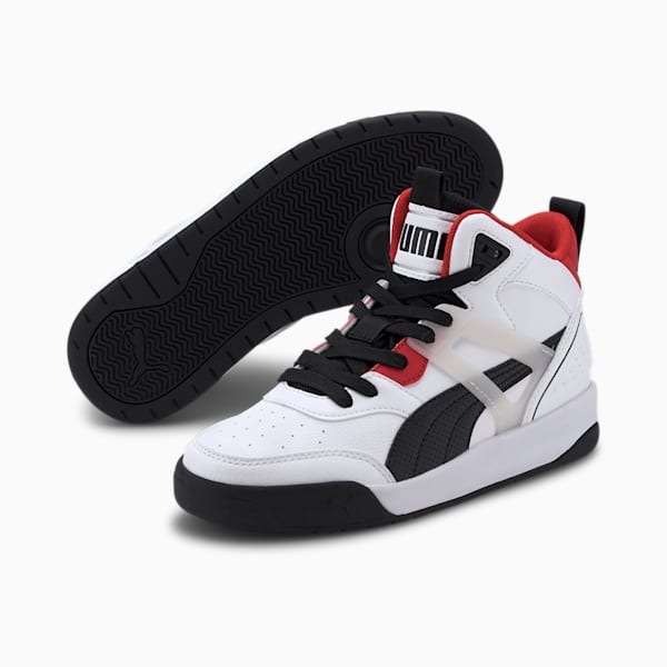 Backcourt Mid Youth Sneakers, Puma White-Puma Black-High Risk Red-Puma Silver, extralarge-AUS