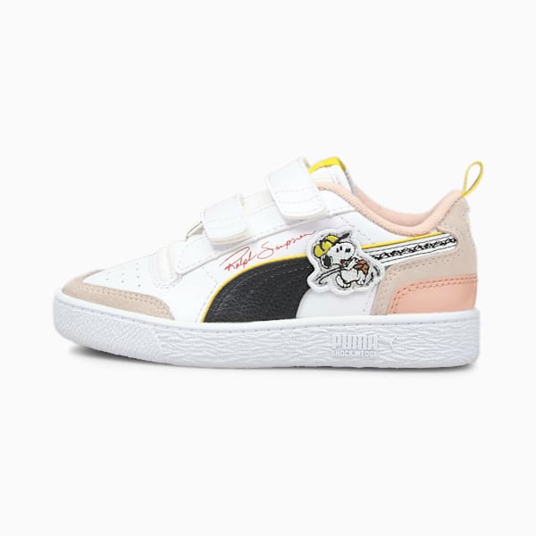 Tenis PUMA x PEANUTS Ralph Sampson V para Niños, Puma White-Puma Black-Sun Kissed Coral, extralarge