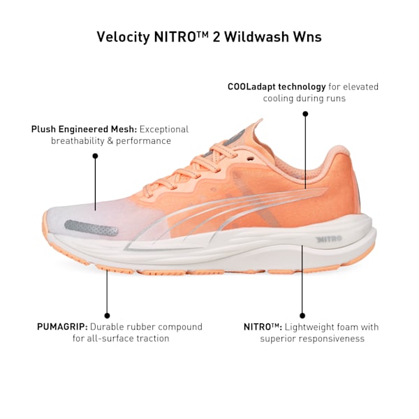 Velocity Nitro 2 Wildwash Women's Running Shoes, Puma White-Fizzy Melon, extralarge-IND