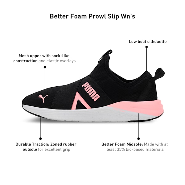 Better Foam Prowl Slip-On Women's Running Shoes, PUMA Black-Koral Ice-PUMA White, extralarge-IND