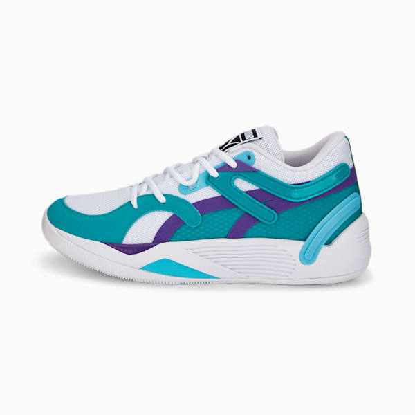 TRC Blaze Court Basketball Shoes, Puma White-Deep Aqua, extralarge-IND
