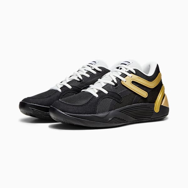 TRC Blaze Court Basketball Shoes, PUMA Black-Sedate Gray-PUMA White-Metallic Gold, extralarge