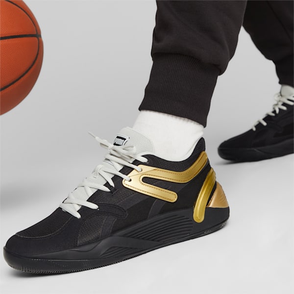 メンズ TRC ブレイズ コート バスケットボールシューズ, PUMA Black-Sedate Gray-PUMA White-Metallic Gold, extralarge-JPN