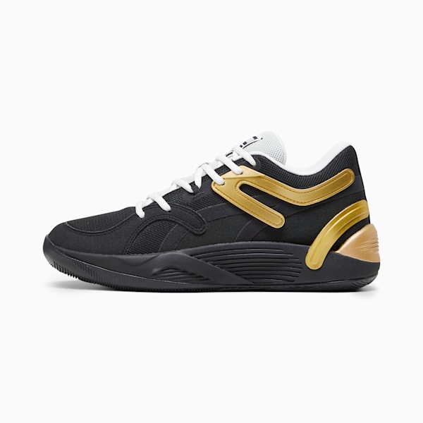 TRC Blaze Court Basketball Shoes, PUMA Black-Sedate Gray-PUMA White-Metallic Gold, extralarge