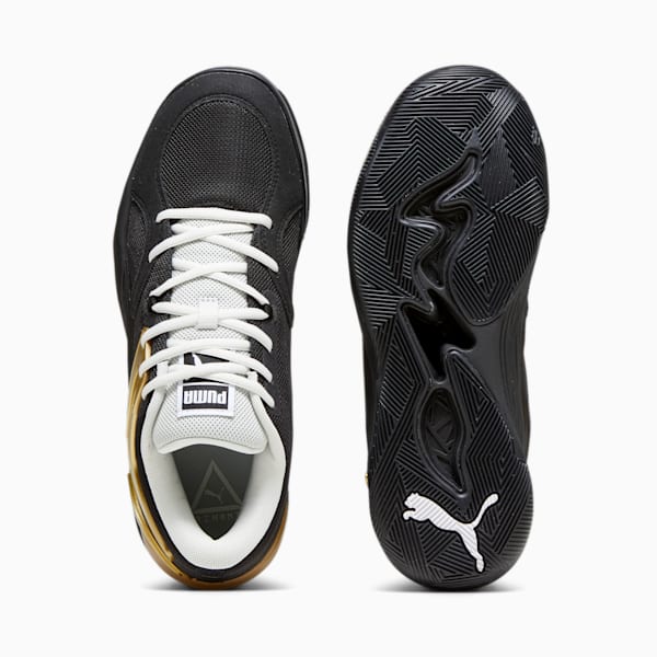 メンズ TRC ブレイズ コート バスケットボールシューズ, PUMA Black-Sedate Gray-PUMA White-Metallic Gold, extralarge-JPN