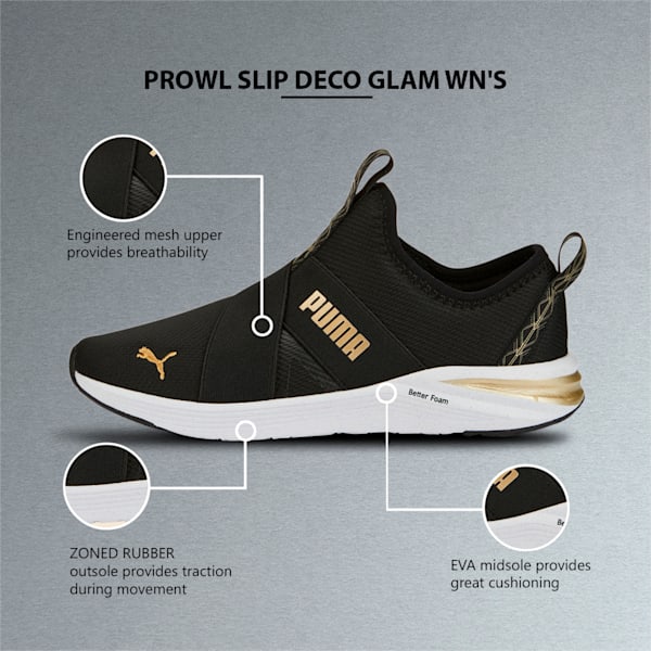 Prowl Slip Deco Glam Women's Training Shoes, Puma Black-Puma Team Gold, extralarge-IND