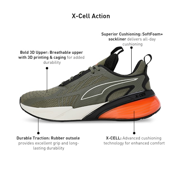 X-Cell Action Running Shoes, PUMA Olive-Flame Flicker-PUMA Black, extralarge-IND