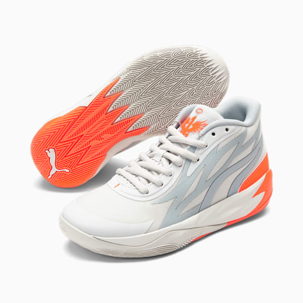 Zapatos de básquetbol PUMA x LAMELO BALL MB.02 Gorangé para niños grandes, Platinum Gray-Ultra Orange