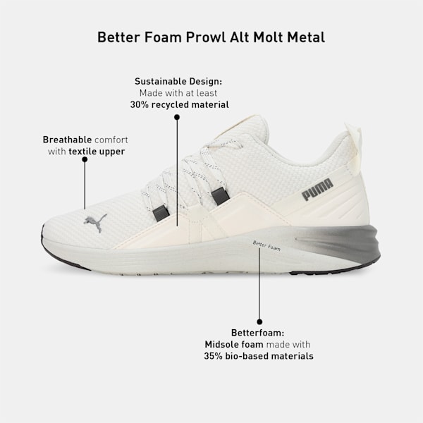 Better Foam Prowl Alt Molt Metal Women's Running Shoes, Warm White-Puma Aged Silver-Dark Coal-PUMA Black, extralarge-IND