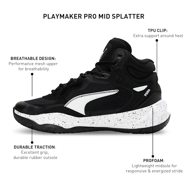 Playmaker Pro Mid Splatter Unisex Basketball Shoes, PUMA Black-PUMA White, extralarge-IND