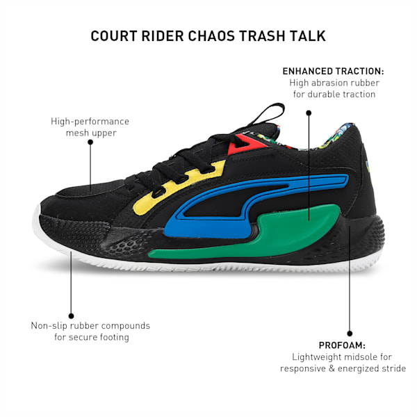 Court Rider Chaos Trash Talk Unisex Basketball Sneakers, PUMA Black-Pelé Yellow-Archive Green-Racing Blue-PUMA White, extralarge-IND