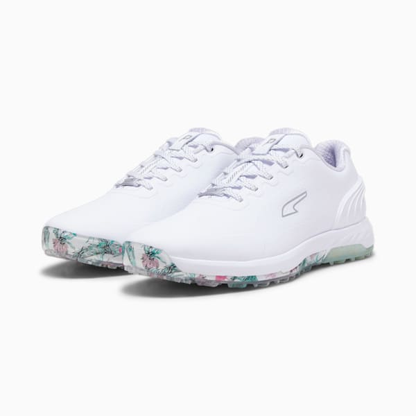 PUMA x PALM TREE CREW Alphacat NITRO Men's Golf Shoes, PUMA White-AQUA GREEN-SHOCKING PINK, extralarge-GBR