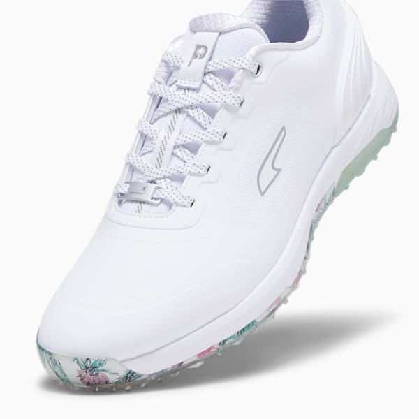 PUMA x PALM TREE CREW Alphacat NITRO Men's Golf Shoes, PUMA White-AQUA GREEN-SHOCKING PINK, extralarge-GBR