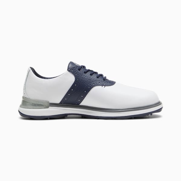 White PUMA golf shoe for adults with navy blue accents and lace-up closure.