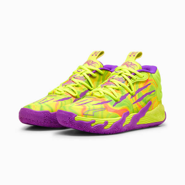 Chaussures de basketball PUMA x LAMELO BALL MB.03 Toxic, pour enfant et adolescent, Safety Yellow-Purple Glimmer, extralarge