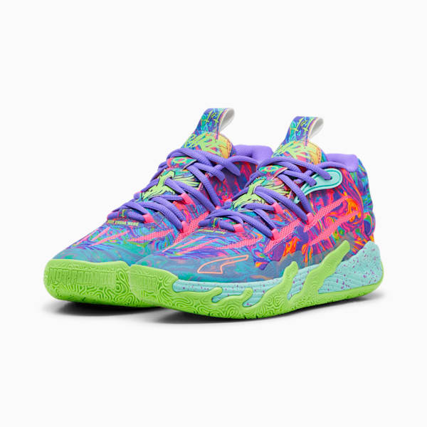 Chaussures de basketball PUMA x LAMELO BALL MB.03 Toxic pour enfant et adolescent, Purple Glimmer-KNOCKOUT PINK-Green Gecko, extralarge