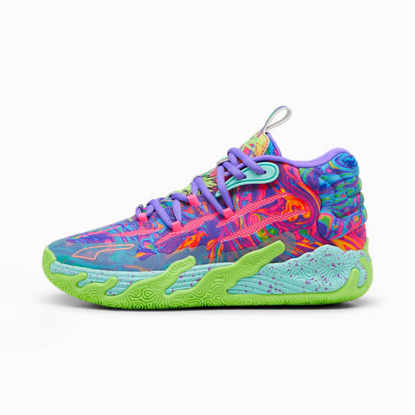 PUMA x LAMELO BALL MB.03 Be You Big Kids' Basketball Shoes, Purple Glimmer-KNOCKOUT PINK-Green Gecko, extralarge