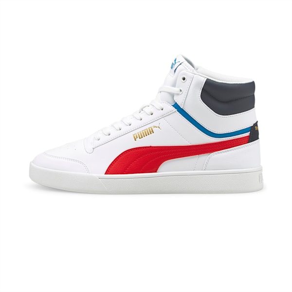 Shuffle Mid Unisex Sneakers, Puma White-High Risk Red-Peacoat-Puma Team Gold, extralarge-IND
