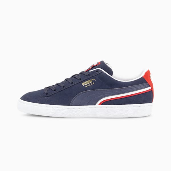 Blue and top red puma suede