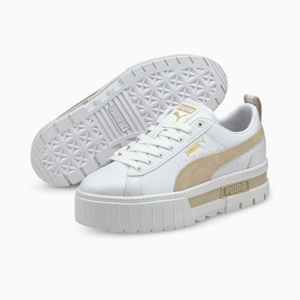 Mayze Leather Women's Sneakers, Puma White-Peyote, extralarge