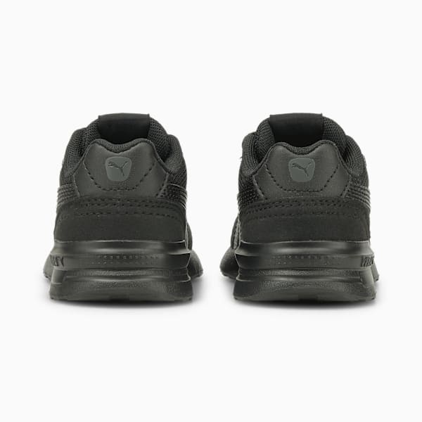 Rear view of black PUMA toddler trainers, showcasing the brand logo detail.