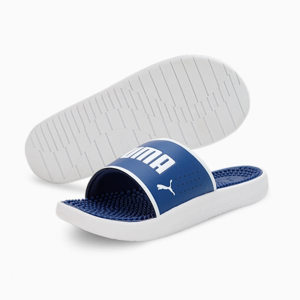 SOFTRIDE Massage Men's Slides, Blazing Blue-Puma White, extralarge-IND