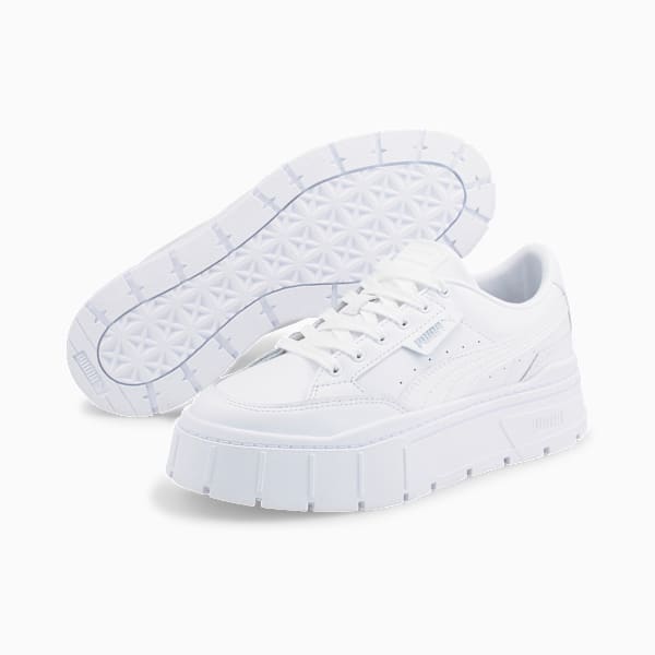 Mayze Stack Leather Sneakers Women, Puma White, extralarge