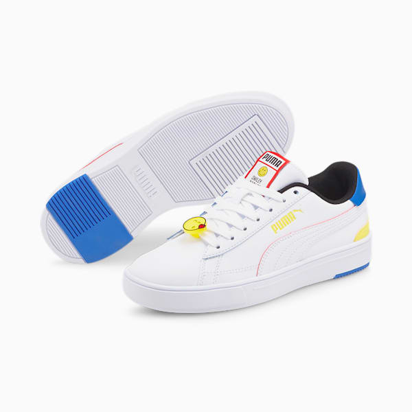 Tenis para jóvenes PUMA x SMILEYWORLD Serve Pro, Puma White-High Risk Red-Royal Blue-Vibrant Yellow, extralarge