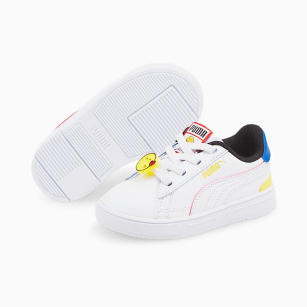 Tenis para bebés PUMA x SMILEYWORLD Serve Pro AC, Puma White-High Risk Red-Royal Blue-Vibrant Yellow, extralarge