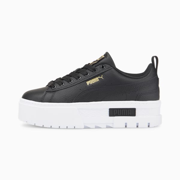 Mayze Leather Big Kids Sneakers, Puma Black-Puma Team Gold, extralarge