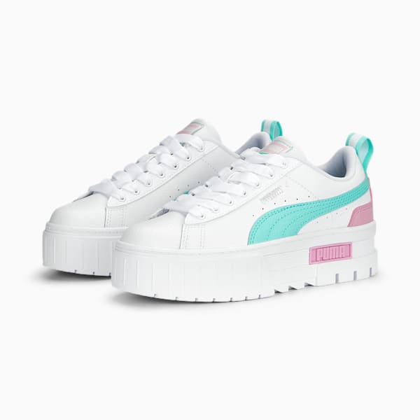 Mayze Leather Big Kids Sneakers, PUMA White-Mint-Lilac Chiffon, extralarge