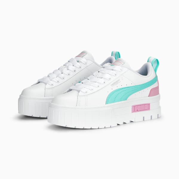 Zapatos deportivos Mayze de cuero para niños grandes, PUMA White-Mint-Lilac Chiffon
