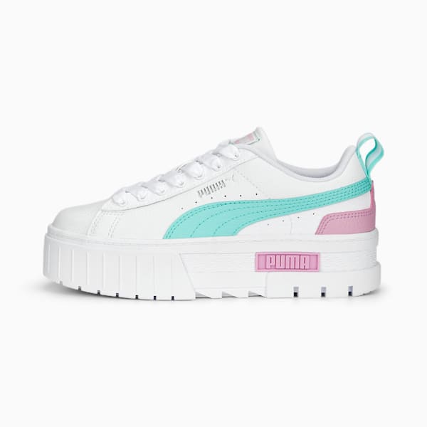 Mayze Leather Big Kids Sneakers, PUMA White-Mint-Lilac Chiffon, extralarge