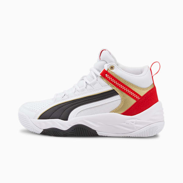 Rebound Future Evo Youth Sneakers, Puma White-Puma Black-High Risk Red-Puma Team Gold, extralarge-IND