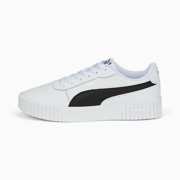 White PUMA trainer for women with black stripe detail and lace-up fastening.
